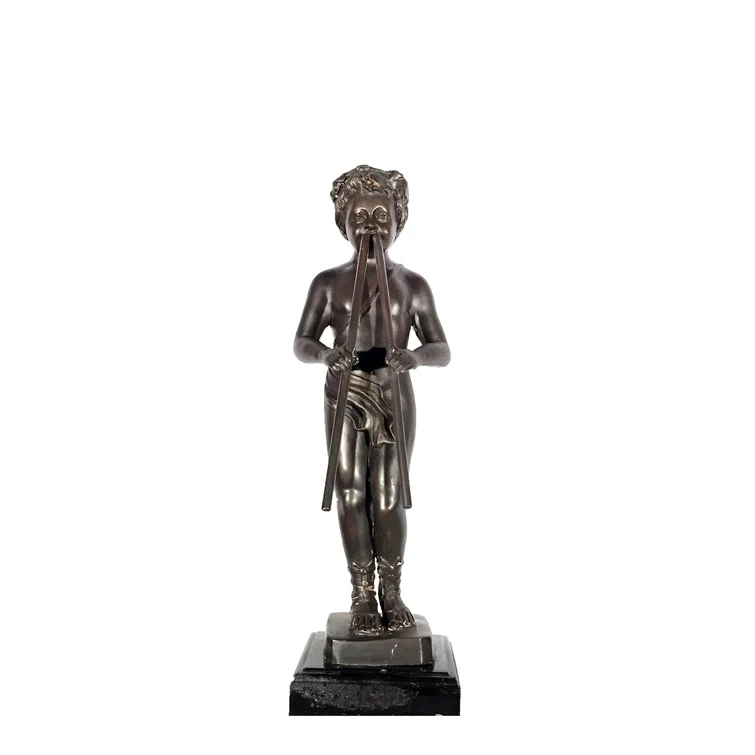 Handmade Bronze Putto Figure with Pipes Sculpture