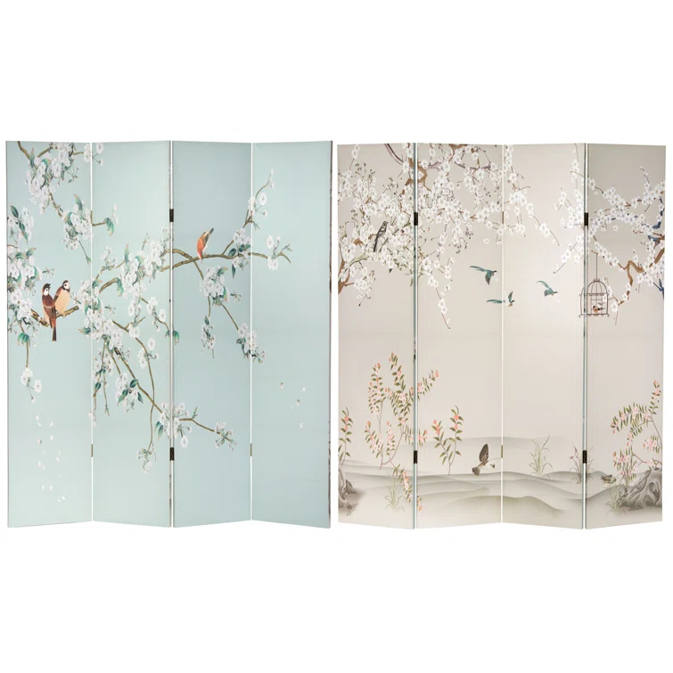 Oriental Furniture 6 Feet Tall Double Sided Birds and Plum Blossoms Canvas Room Divider
