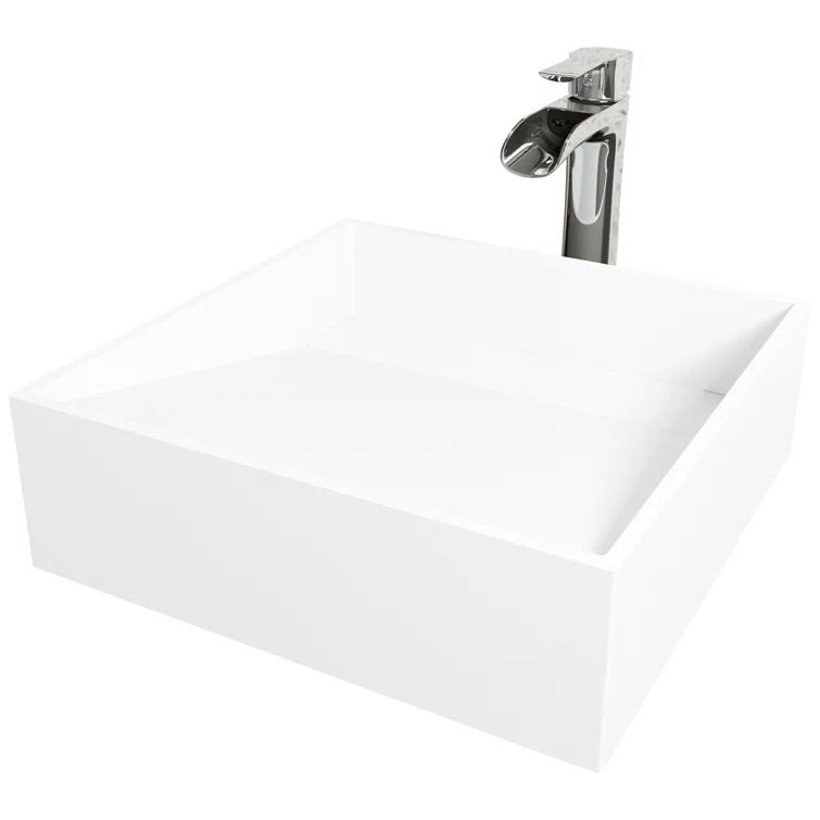 VIGO VGT2037 Starr 15" L x 15" W x 5" H Square White Matte Stone™ Vessel Bathroom Sink with 11" H Faucet