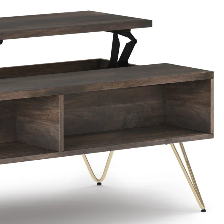 Hunter 48"W Solid Wood Industrial Lift Top Coffee Table with Hidden Storage and Metal Hairpin Legs