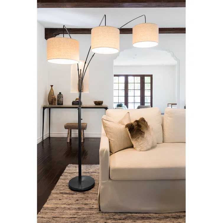 Trilage 84 in. Mid-Century Modern 3-Light Adjustable LED Floor Lamp with 3 Fabric Drum Shades