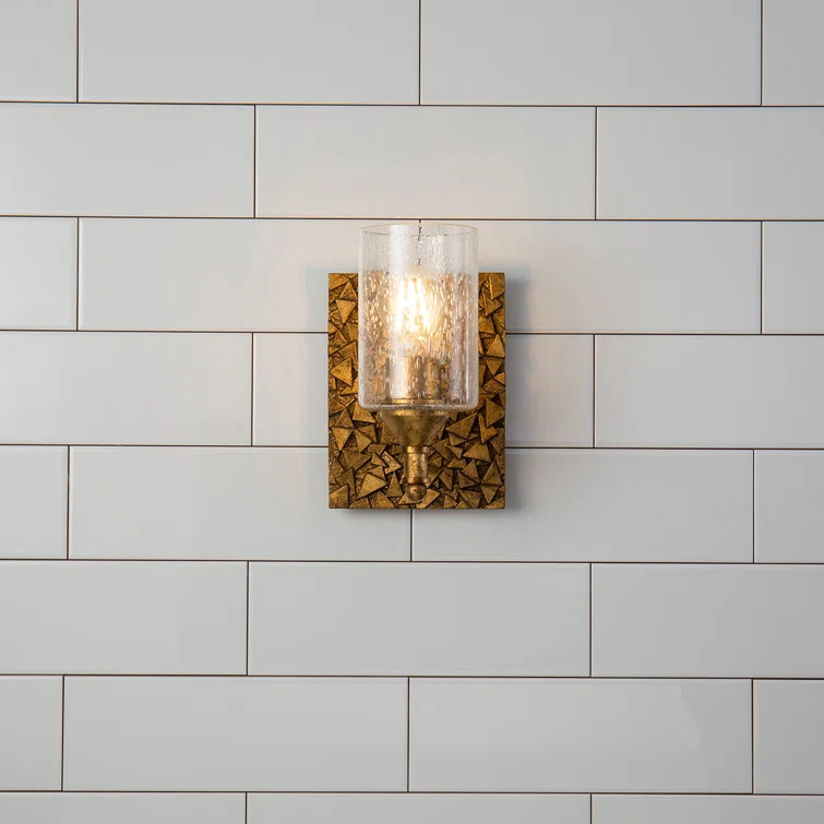Antique Gold Curved Arm Sconce with Clear Bubble Glass