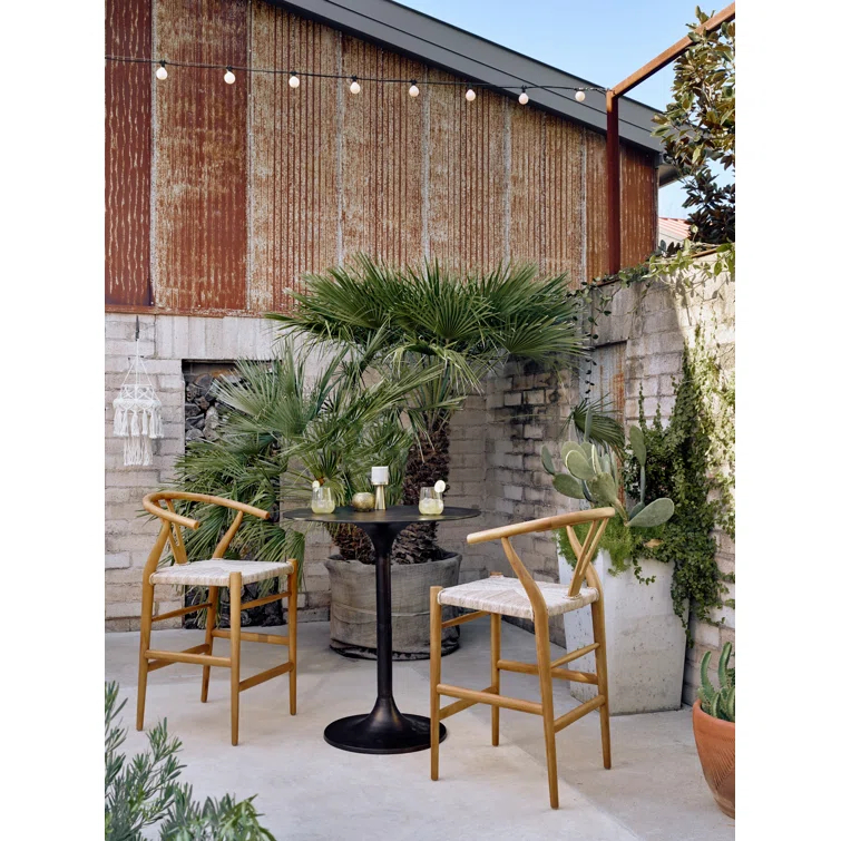 Natural Teak Wishbone-Style Counter Stool with Woven Seat
