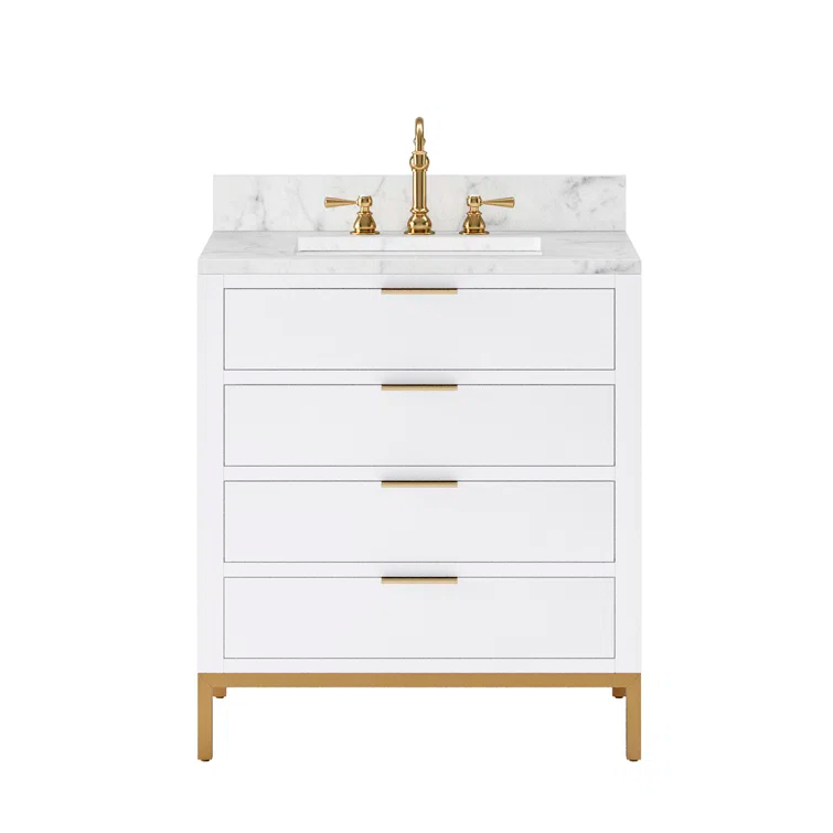 Water Creation Bristol 30" Wood Single Bathroom Vanity in Pure White/Gold