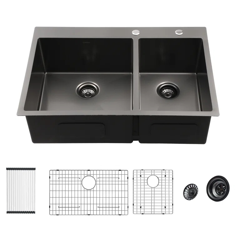 33" L x 22" W Drop-in Double Bowl 60/40 Sink 16 Gauge Stainless Steel Kitchen Sink Topmount Sink