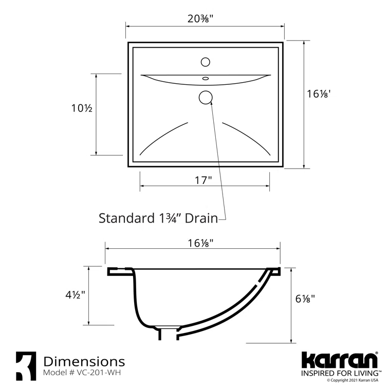 Karran Valera 20 In. Top Mount Vitreous China Rectangular Bathroom Sink With Overflow Drain