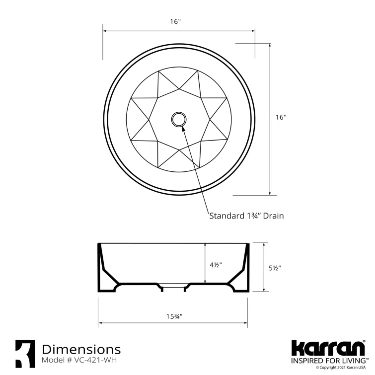 Karran VC-421-WH Karran Valera 16 In. Vitreous China Round Vessel Bathroom Sink