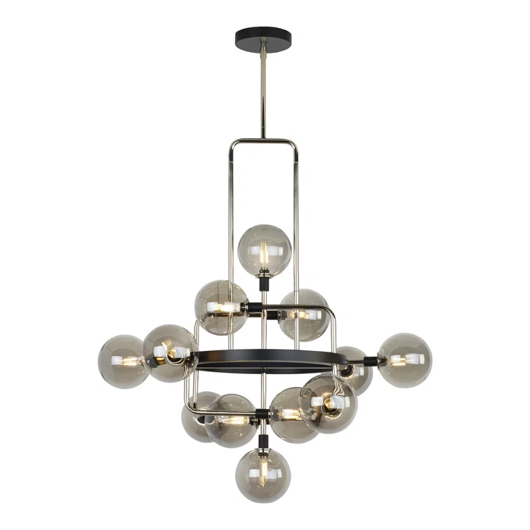 Elegant Viaggio Polished Nickel 12-Light Chandelier with Smoke Glass Shades