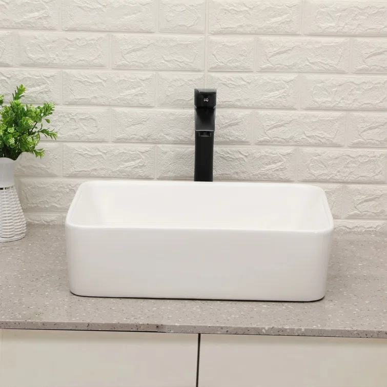19"X15" Glossy Ceramic Rectangular Vessel Bathroom Sink with Faucet