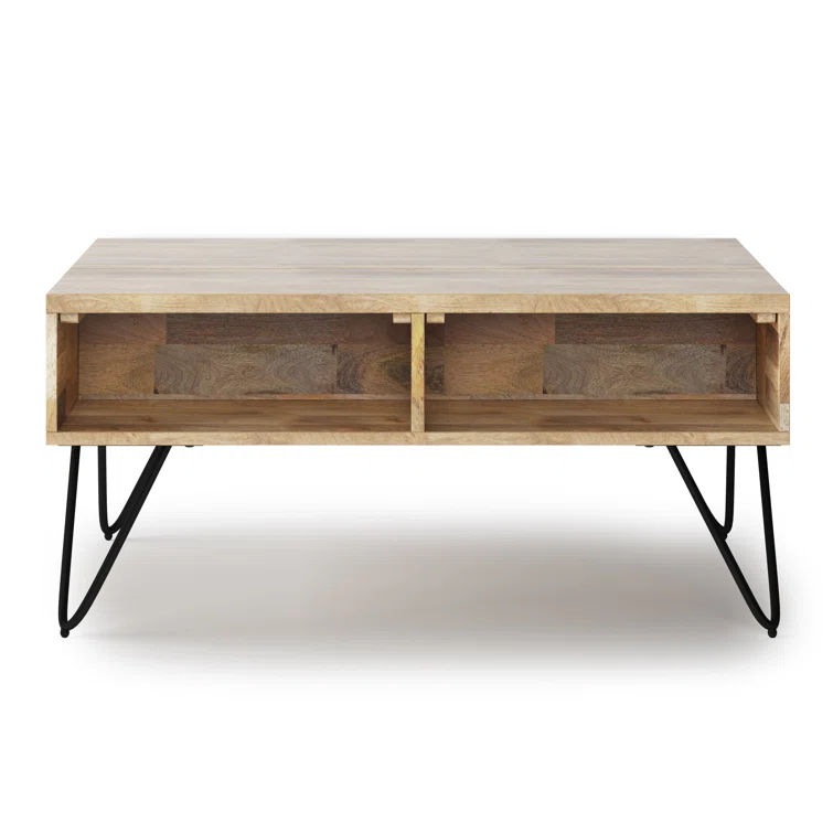 Hunter Solid Wood Industrial Small Lift Top Coffee Table with Hidden Storage and Metal Hairpin Legs.