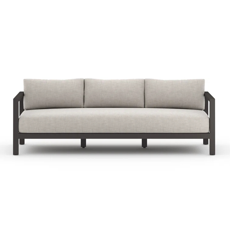 Contemporary Bronze-Finished Teak 87'' Three-Seater Sofa in Stone Grey