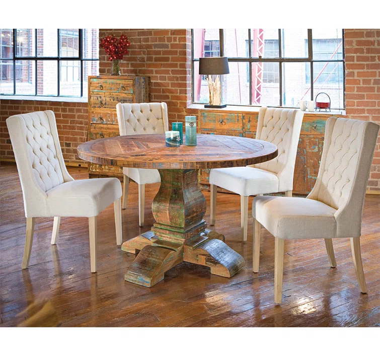 High Back Off-White Linen Upholstered Dining Chair with Dark Walnut Legs