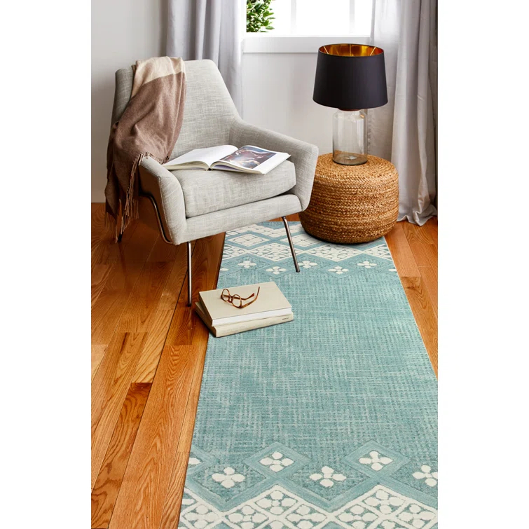 Ismael Geometric Handmade Tufted Wool Teal Area Rug