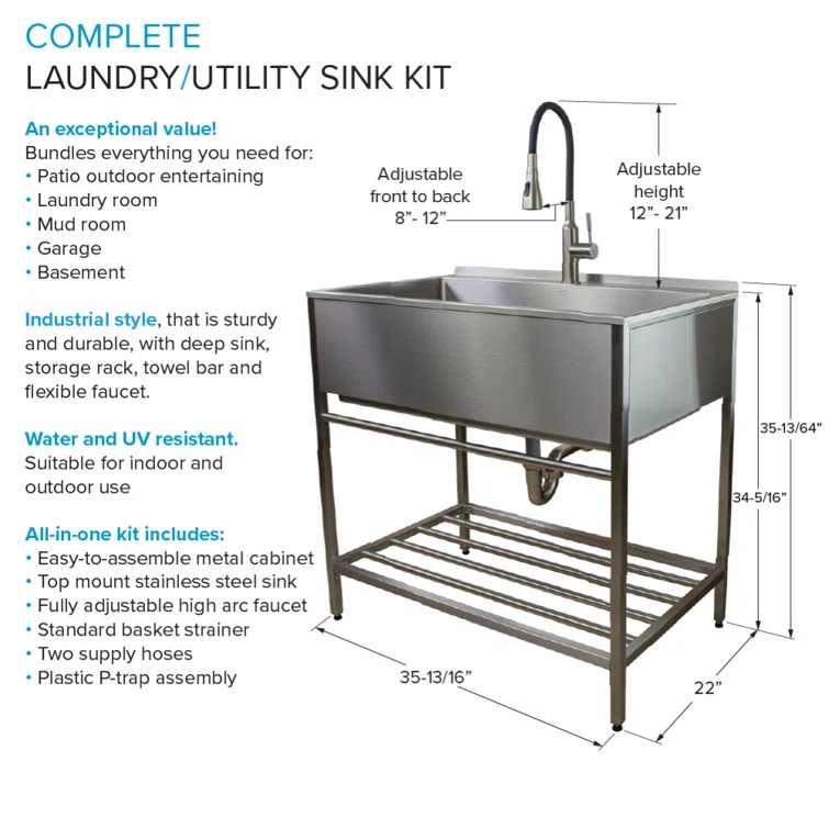 TFH-3622-SS 36'' L x 22'' W Free Standing Laundry Sink with Faucet