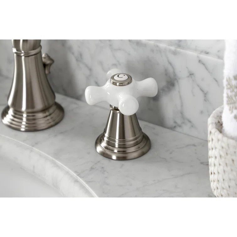 Kingston Brass American Classic Two-Handle 3-Hole Deck Mount Widespread Bathroom Faucet with Pop-Up Drain