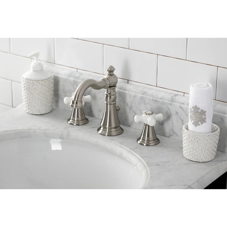 Kingston Brass American Classic Two-Handle 3-Hole Deck Mount Widespread Bathroom Faucet with Pop-Up Drain