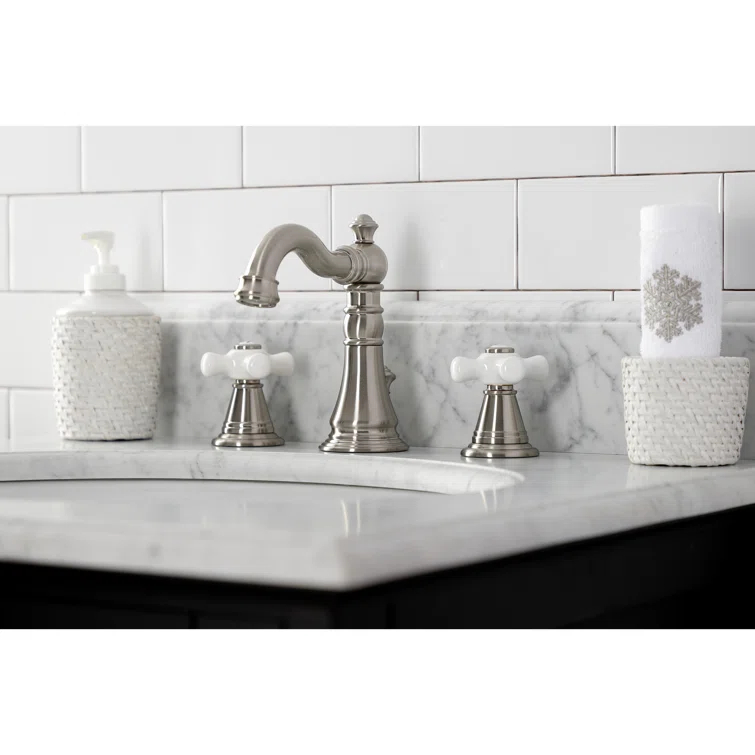 Kingston Brass American Classic Two-Handle 3-Hole Deck Mount Widespread Bathroom Faucet with Pop-Up Drain