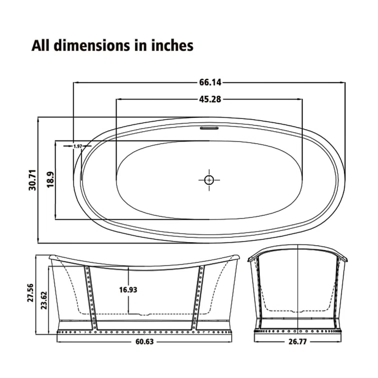 66.14'' x 30.71'' Freestanding Soaking Acrylic Bathtub