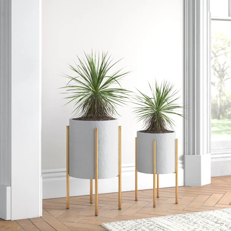 Stacia Round Metal Mid Century Indoor Pot Planter Set