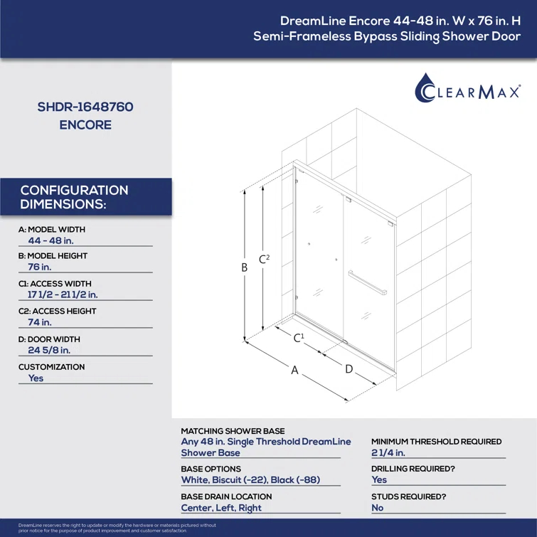 Encore 44" W x 76" Frameless Shower Door with ClearMax Technology