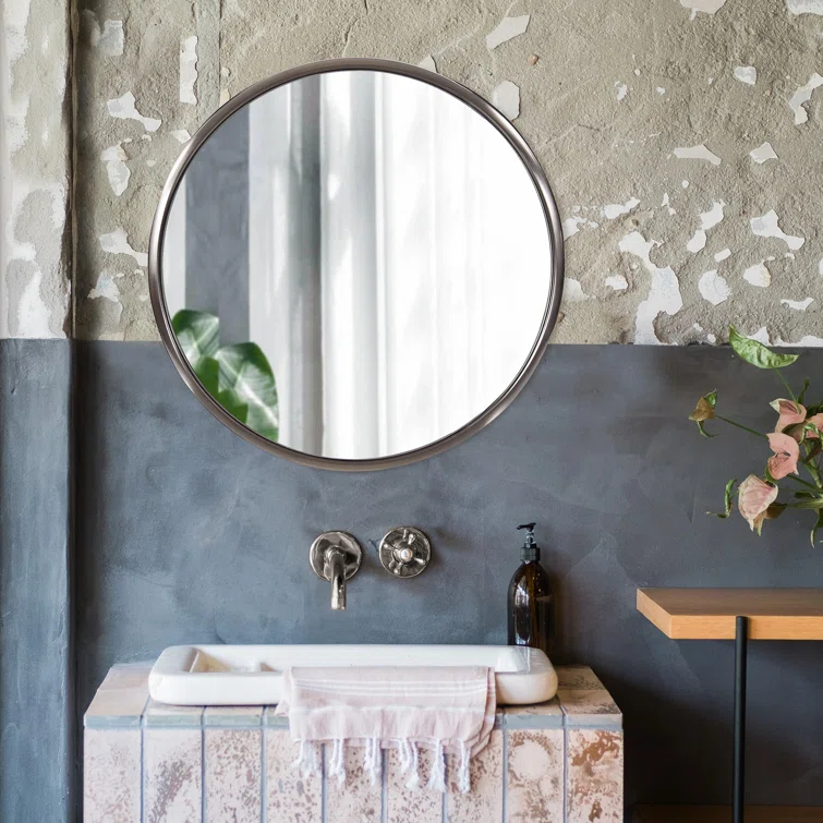 Small Round Brushed Titanium Mirror with Stainless Steel Frame