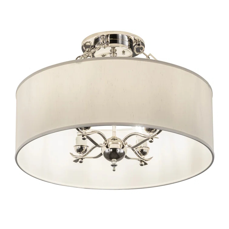 Polished Nickel 4-Light Drum Semi-Flush Mount with Fabric Shade