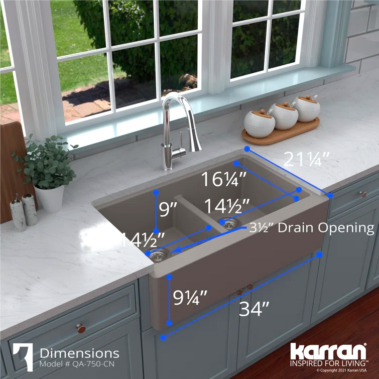 Karran Quartz 34'' X 21-1/4'' 50/50 Double Bowl Farmhouse/Apron Front Kitchen Sink Kit