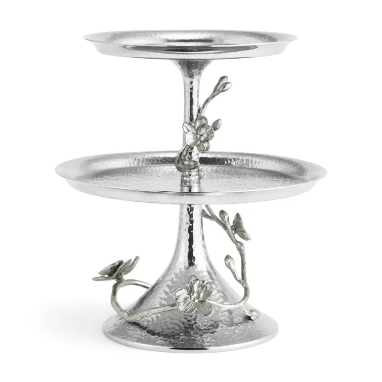 White Metal Orchid 2-Tier Round Etagere
