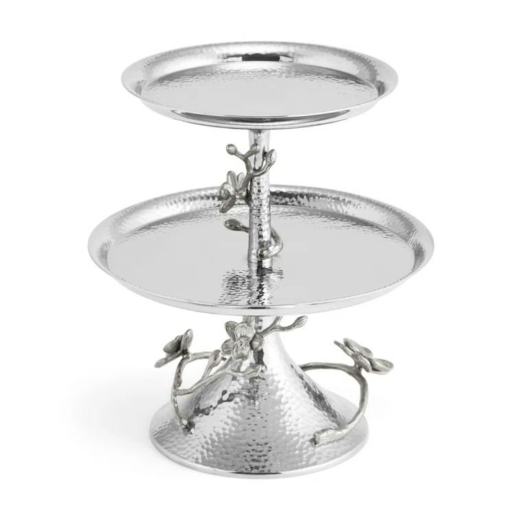 White Metal Orchid 2-Tier Round Etagere