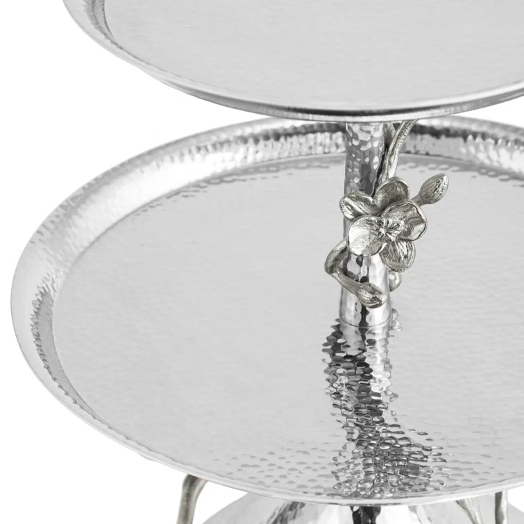 White Metal Orchid 2-Tier Round Etagere