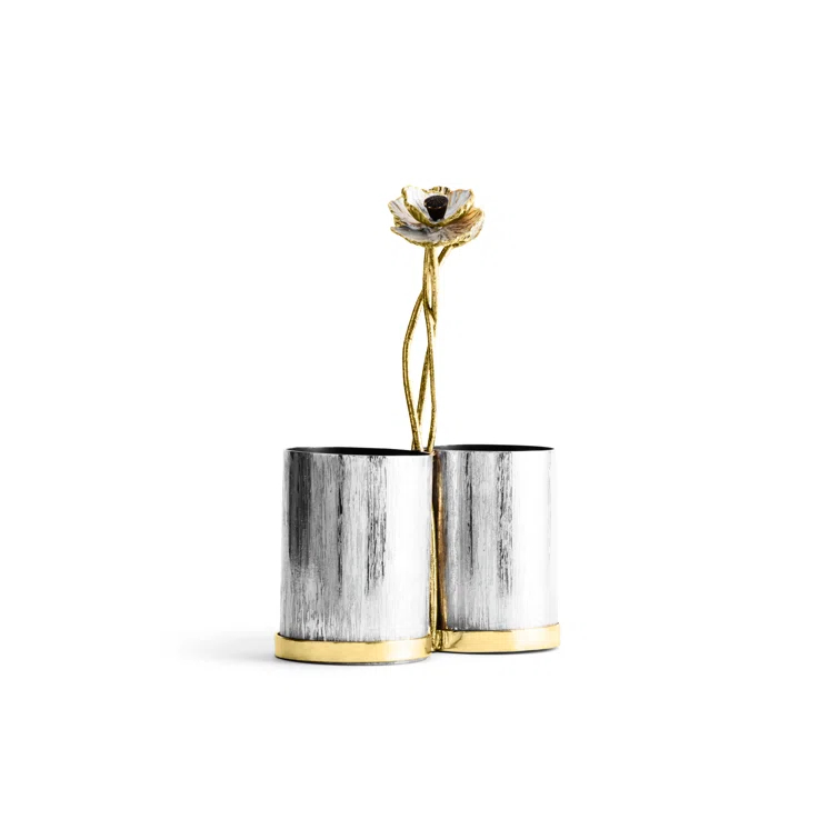 Handcrafted Stainless Steel and Brass Cutlery Caddy with Enamel Flower