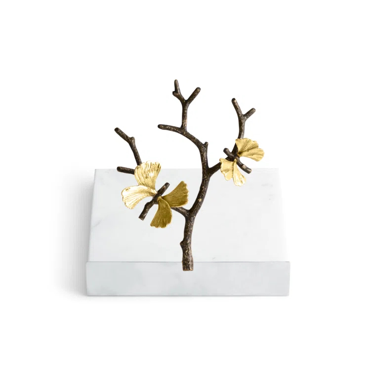 Elegant Butterfly Ginkgo 7" Marble and Brass Napkin Holder