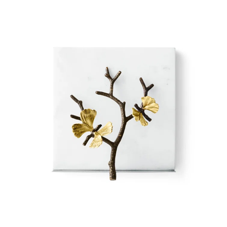 Elegant Butterfly Ginkgo 7" Marble and Brass Napkin Holder