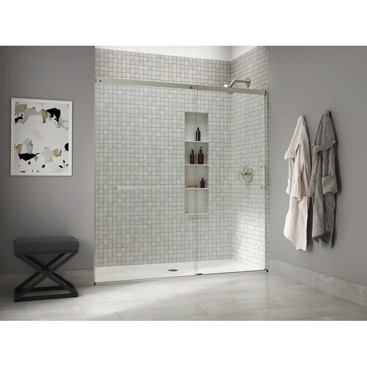 Sliding Shower Door, 75-1/2-In H X 68-1/4 - 71-5/8-In W, With Heavy 5/16-In Thick Crystal Clear Glass