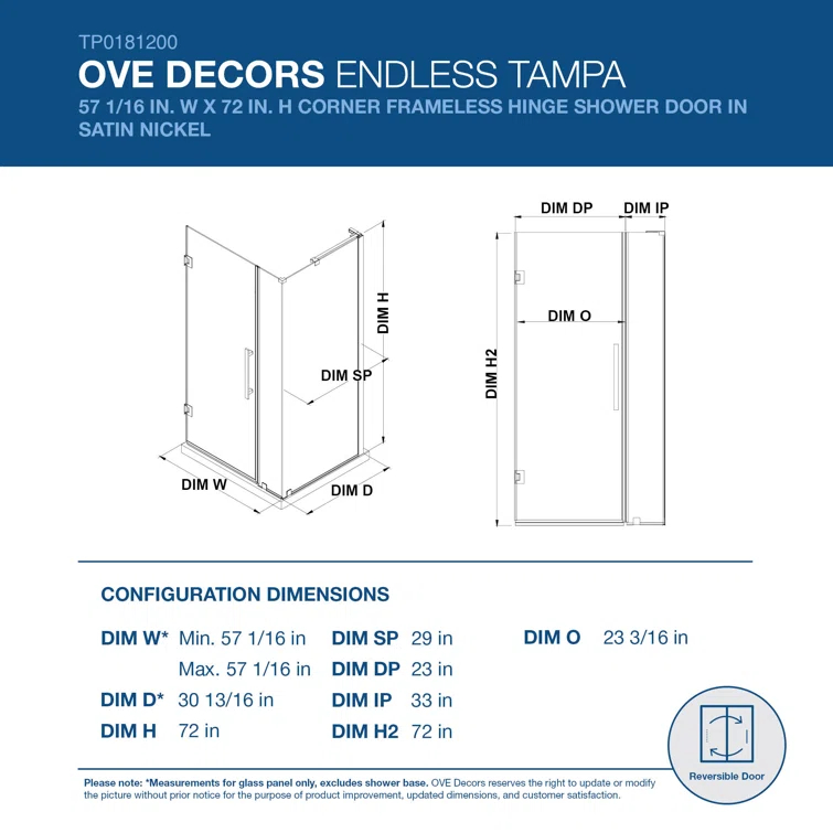 Endless Tampa-Pro 57" W x 72" H Corner Frameless Shower Kit, Door, Panel
