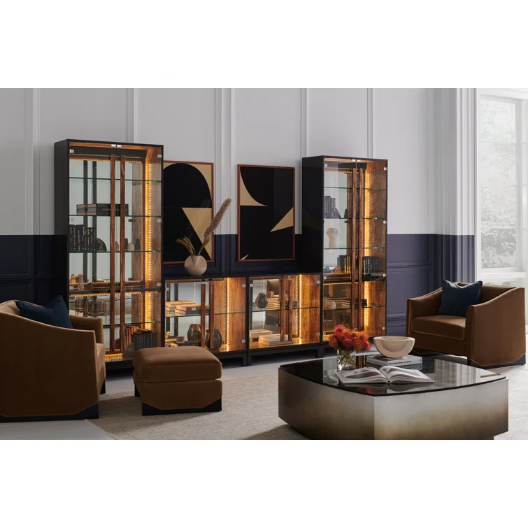 Brown Birch and Maple Lighted China Cabinet with Glass Shelves