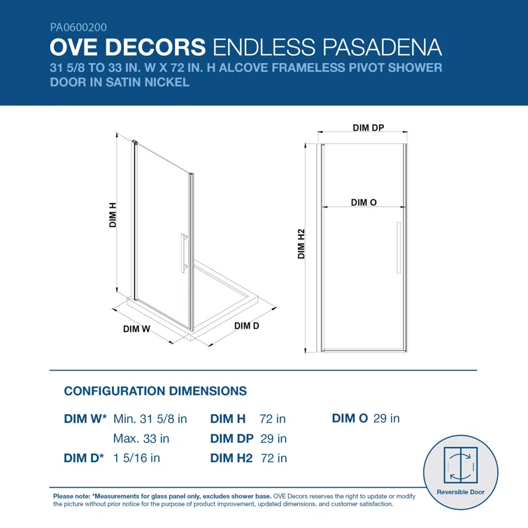 Endless Pasadena 32" W x 72" H Alcove Frameless Shower Kit