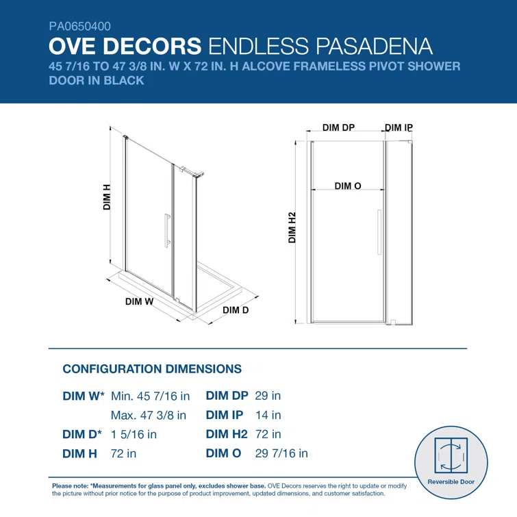 Endless Pasadena 47" W x 72" H Alcove Frameless Shower Kit, Door, Panel