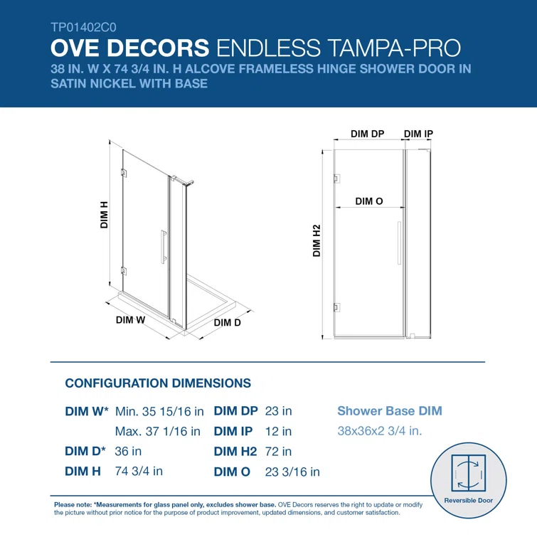 Endless Tampa-Pro 37" W x 72" H Alcove Frameless Shower Kit, Door, Panel, Base