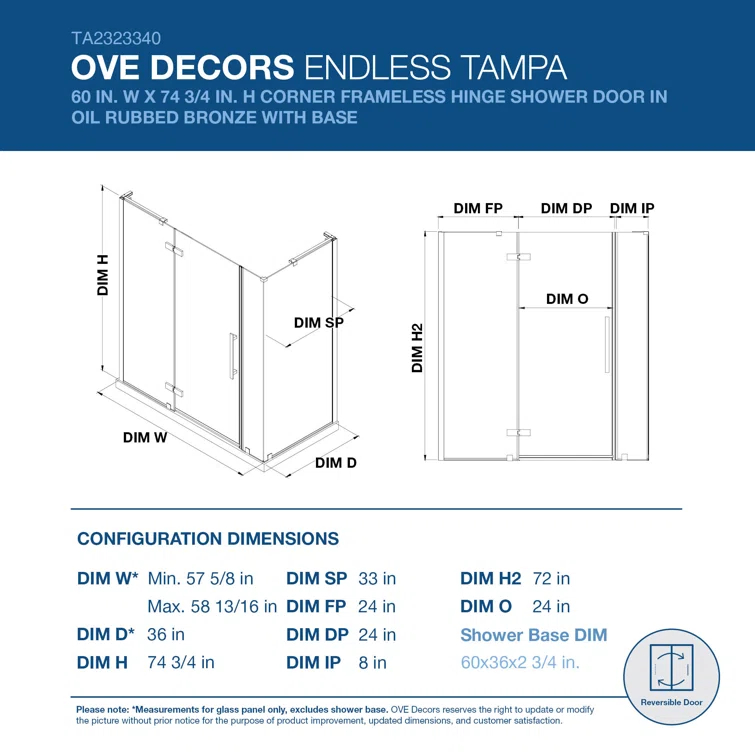 Endless Tampa 60" W x 72" H Corner Frameless Shower Kit, Door, 2 Panel, Base