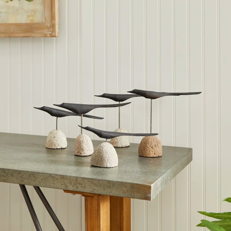 Black Palilo Wood and Iron Bird Sculpture Set