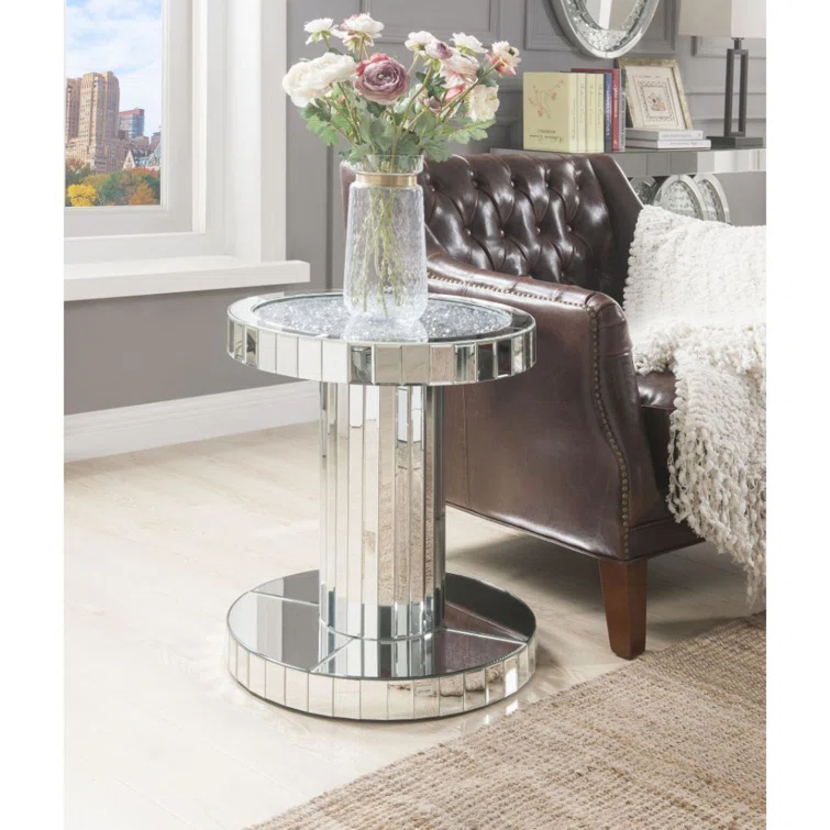 Round Silver Wood and Glass Mirrored End Table