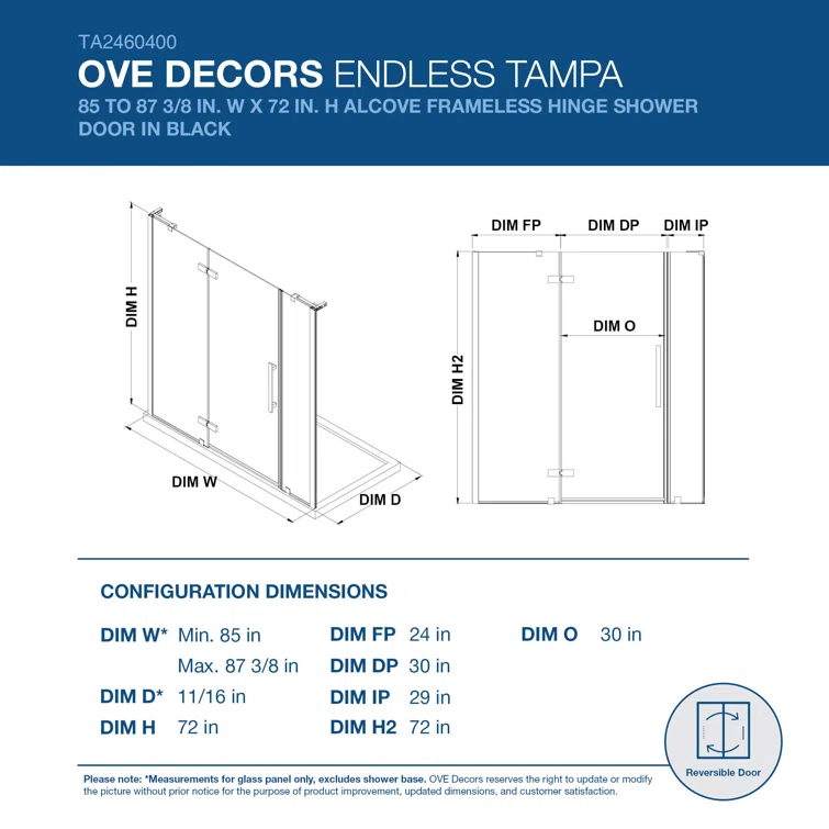 Endless Tampa 87" W x 72" H Alcove Frameless Shower Kit, Door, 2 Panel