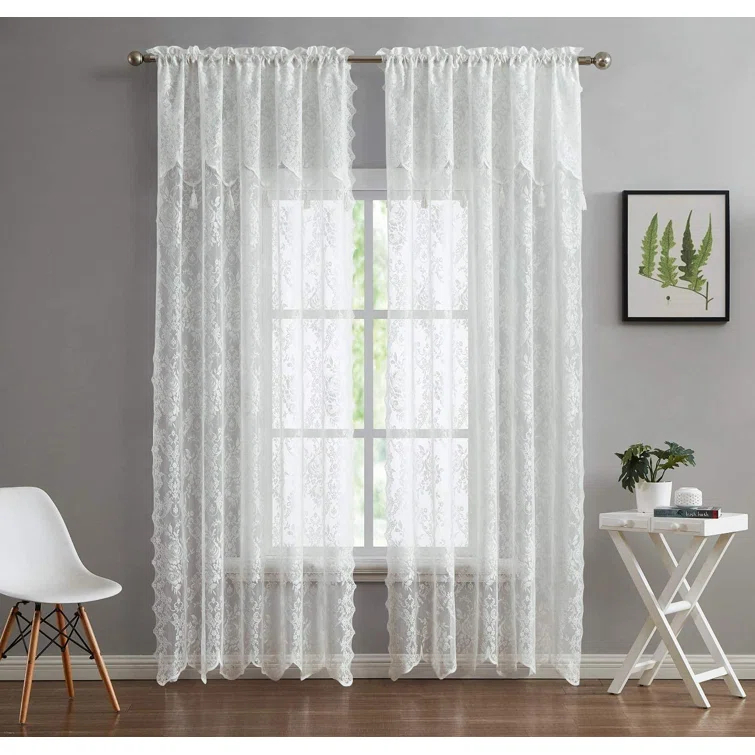 Rosdorf Park Rosdorf Park Pair Of 2 Sheer Lace Curtain Panels with Attached Matching Valance With 6 Tassels. (Set of 2)