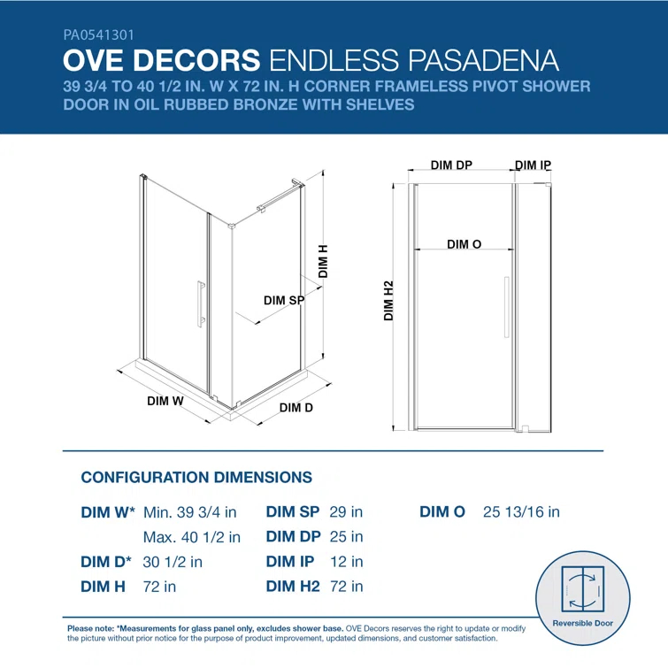 Endless Pasadena 40" W x 72" H Corner Frameless Shower Kit, Door, Panel, Shelves