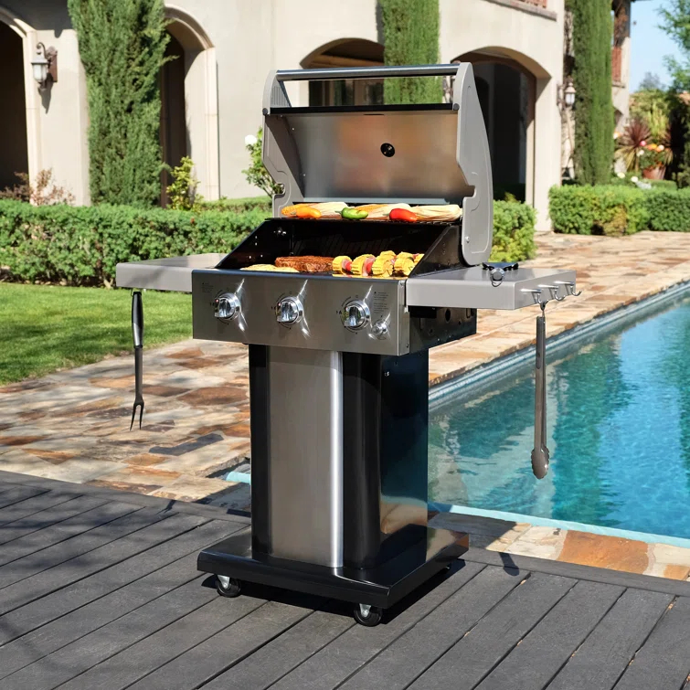 Permasteel 3-Burner Compact Propane Gas Grill with Foldable Side Tables and Grilling Tool Hooks