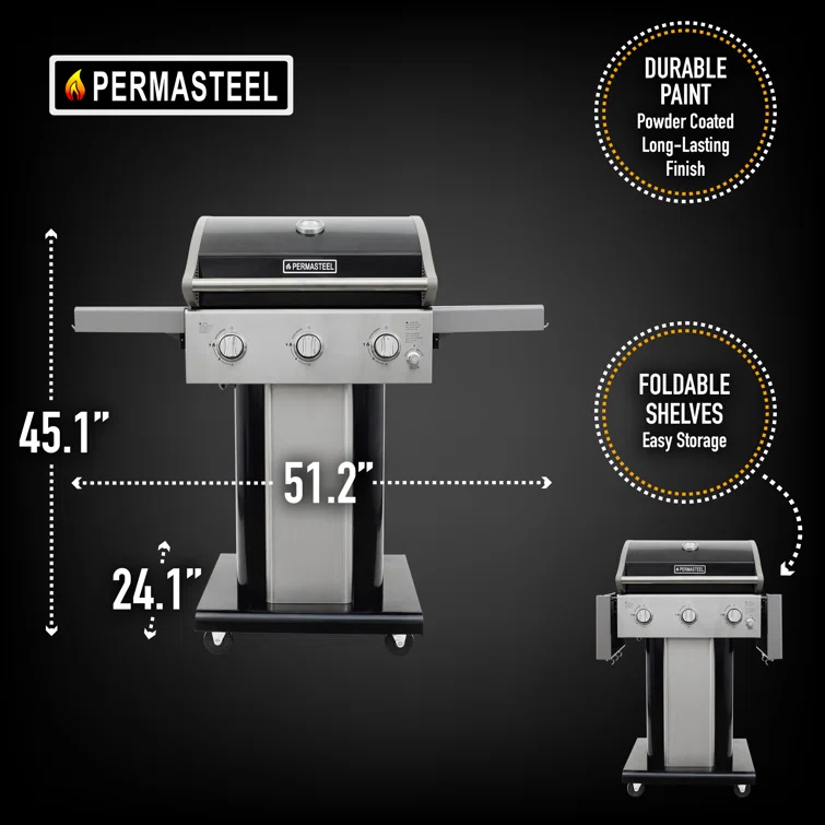 Permasteel 3-Burner Compact Propane Gas Grill with Foldable Side Tables and Grilling Tool Hooks
