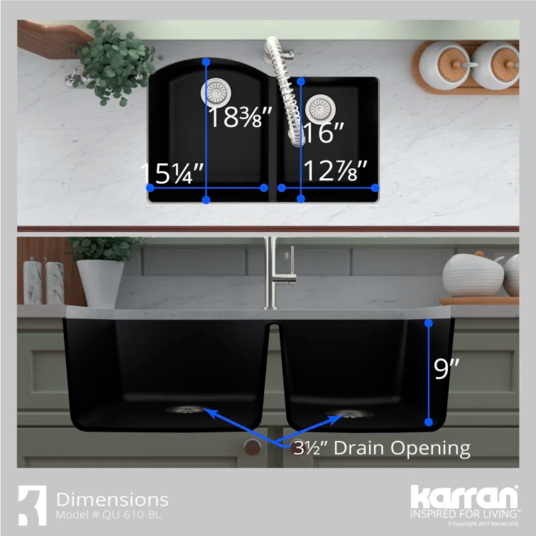 Karran Undermount Quartz Composite 32'' X 21'' 60/40 Double Bowl Kitchen Sink