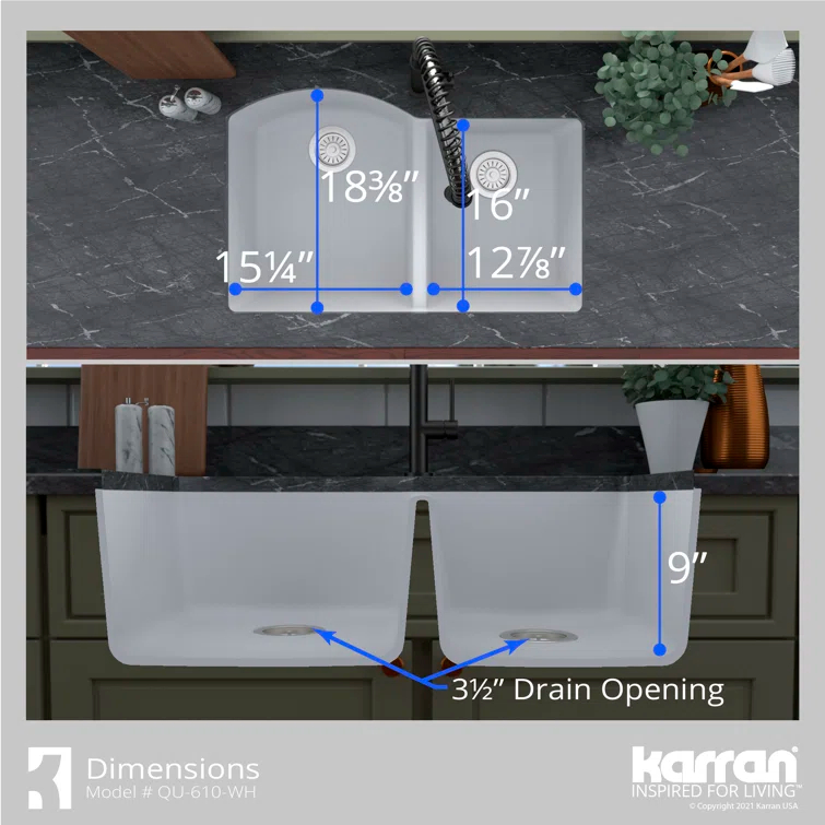 Karran Undermount Quartz Composite 32'' X 21'' 60/40 Double Bowl Kitchen Sink