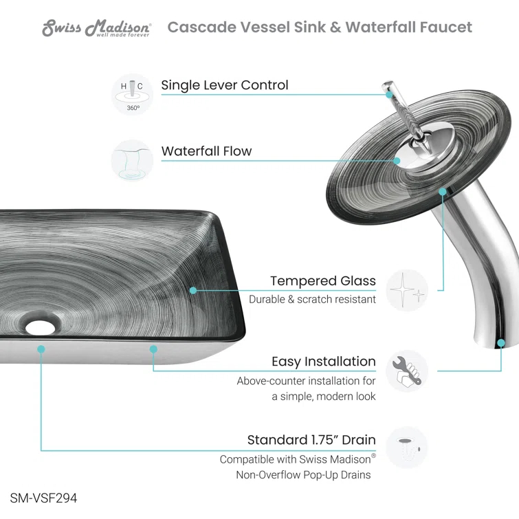 Cascade Rectangular Glass Vessel Sink with Faucet